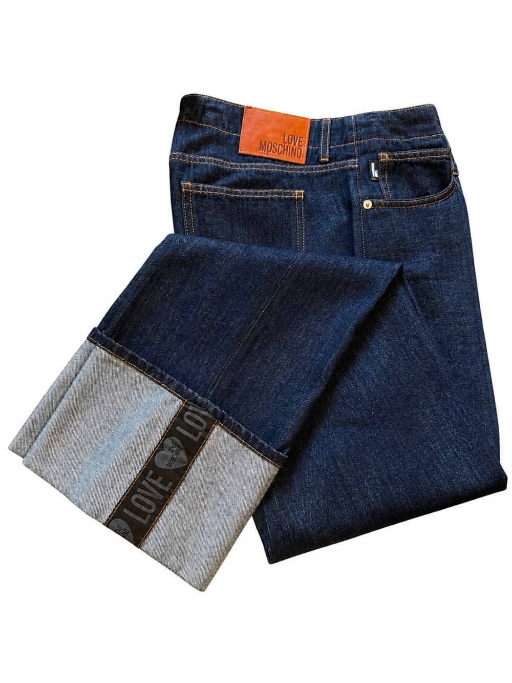 Moschino Dark Blue Straight-Leg Jeans with Branded Cuff